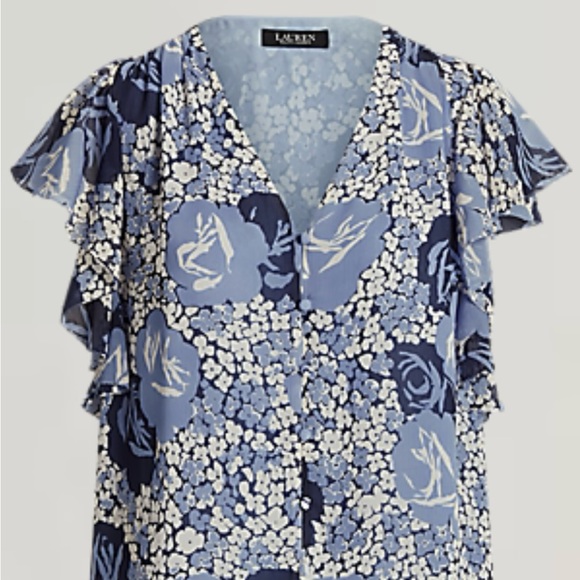 NWTs Ralph Lauren Floral Crinkle Georgette Shirt Blue $125 msrp Large LG - Picture 1 of 7